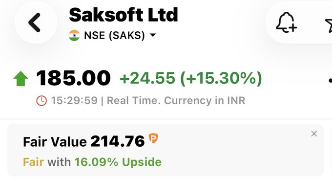 elifylcn86's tweet photo. List of 5 #stocks (TOP GAINERS TODAY) with their Fair Values..

1/ Saksoft Ltd #saksoft https://t.co/ZqK8kZyxKj