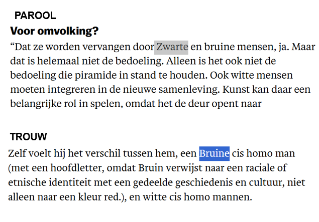 CorCornelissen's tweet photo. @Taaldokter @parool Ook bijzonder is hoofdlettergebruik interviewer @marcelwiegman. Hij schrijft politiek correct #zwart met hoofdletter, maar heeft kennelijk laatste nota gemist v. @trouw, waar ze nu al #bruin met hoofdletter schrijven. Blijk je binnen eigen kring dan toch nog #racist te zijn. https://t.co/CytQHP2vBs