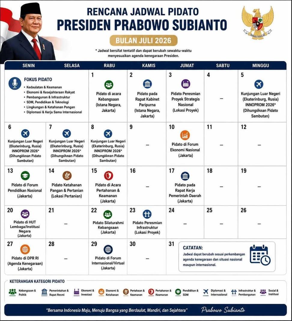 bismillahyuk_'s tweet photo. Brace your self‼️

Jadwal pidato Presiden Prabowo di bulan Juli 2026 ini.

US Dollar tembus di angka 20rb di bulan Juli ga yaa? 🤪

Meanwhile para buzzer pemerintah di X, lg bikin Trending Topic dg keyword:
Indonesia Baikbaikaja
#GakPerluReformasiLagi

#IndonesiaGelap https://t.co/NKAVoEyCDg