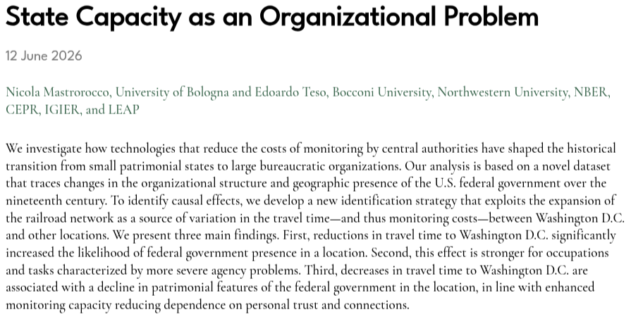 RevEconStudies's tweet photo. The expansion of the railroad network was a crucial driver of growth and organizational change of the federal bureaucracy in the XIX century U.S. Decrease in the costs of monitoring bureaucrats was a key mechanism

New paper by @edoardoteso &amp; @mastrorocconick 

#REStud
#EconX https://t.co/rKQatzPn6V
