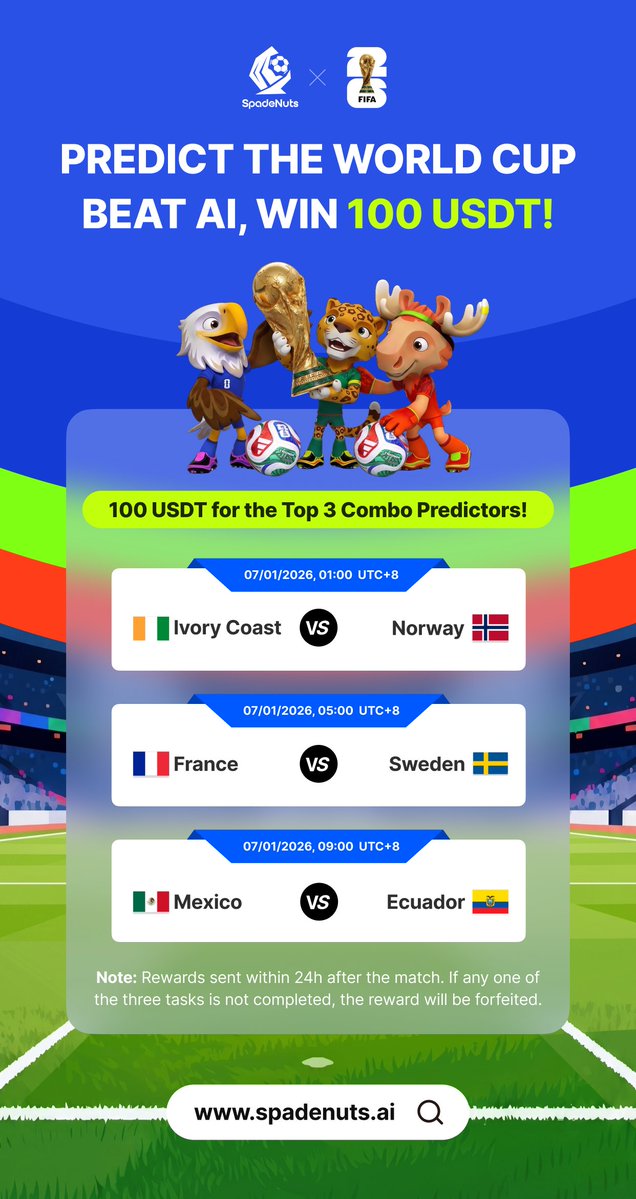 Spade_Nuts's tweet photo. ⚽️ July 1 — New prediction combo is live!

Lock in your picks, maximize your ROI, and climb the leaderboard. 📈

💰 50 USDT • 30 USDT • 20 USDT

👉Join the action: https://t.co/PIloaPoJz7

Participation requires completing 3 tasks:
1️⃣ Complete all predictions in the July 1 Match combo.
2️⃣ Comment your prediction screenshot from our platform and tag 2 friends.
3️⃣ Join our Discord community

⚠️ Screenshots submitted in the comments are valid only if they are prediction screenshots from our platform. Comments alone will not be counted.

#SpadeNuts #WorldCup2026 #Football #Prediction
#FIFAWorldCup #Portugal #England #Argentina