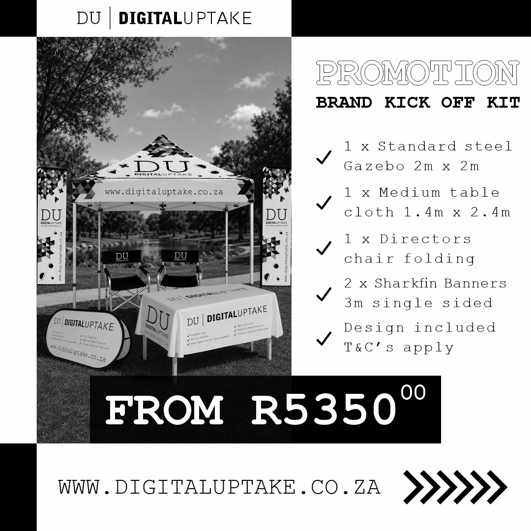 DigitalUpt's tweet photo. PROFESSIONAL EVENT SETUP! 🚀

✅ 2m x 2m Branded Steel Gazebo
✅ Medium Branded Table Cloth (1.4m x 2.4m)
✅ Director’s Folding Chair
✅ 2 x Single-Sided Sharkfin Banners (3m)
✅ Design Included

STARTING FROM ONLY R5 350.00

🌐 https://t.co/TEDkcRp7Yj

#DigitalUptake https://t.co/faCXbLxVkY