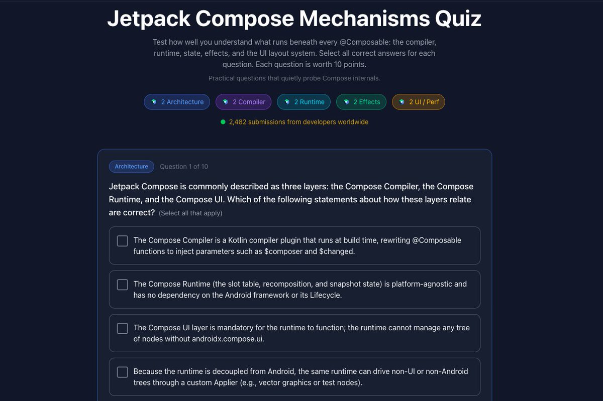 github_skydoves's tweet photo. Quiz for Jetpack Compose Mechanisms is dropped!

What score would you get? Test your understanding of Compose's core mechanisms with this insightful quiz, exploring the intricacies of the Compose compiler, runtime, state, effects, and UI layout system.

https://t.co/flDi8AnMGn https://t.co/T5m3BL9APm