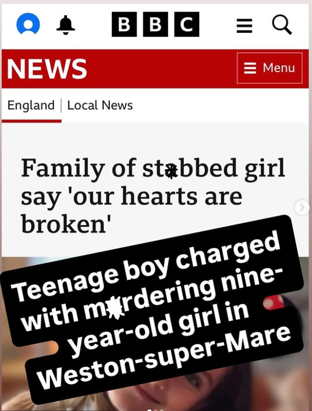 TheRight_Words_'s tweet photo. This is where reporting repeatedly fails children.

A nine-year-old girl was murdered.
A teenage boy has been charged.

Yet the headline leads with family grief - and buries the perpetrator far down the article, as if responsibility is secondary to sentiment.

Grief matters. Families matter.
But accountability must come first.

When media delays naming the crime and the person charged with it, vi0lence is softened and responsibility is blurred. Children are not “lost”. They are not victims of fate. Someone k*lled them.

We ask the @BBCNews - again, directly and respectfully - to apply the same standard we praised yesterday:
• Active voice
• Perpetrator first
• Crime named clearly
• No euphemisms

This is not about tone.
It is about truth.

Language shapes justice.
And children deserve nothing less.

Link in our bio to learn more about the campaign.

#NameThePerpetrator
#ActiveVoiceMatters
#WordsAreJustice