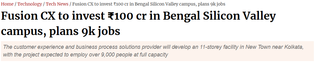 me_locket's tweet photo. Big boost for West Bengal's IT ecosystem. 

Fusion CX will invest ₹100 crore to build an 11-storey campus at Bengal Silicon Valley in New Town, Kolkata, creating over 9,000 jobs at full capacity.

Another major step towards making Bengal a leading destination for technology, investment and employment.