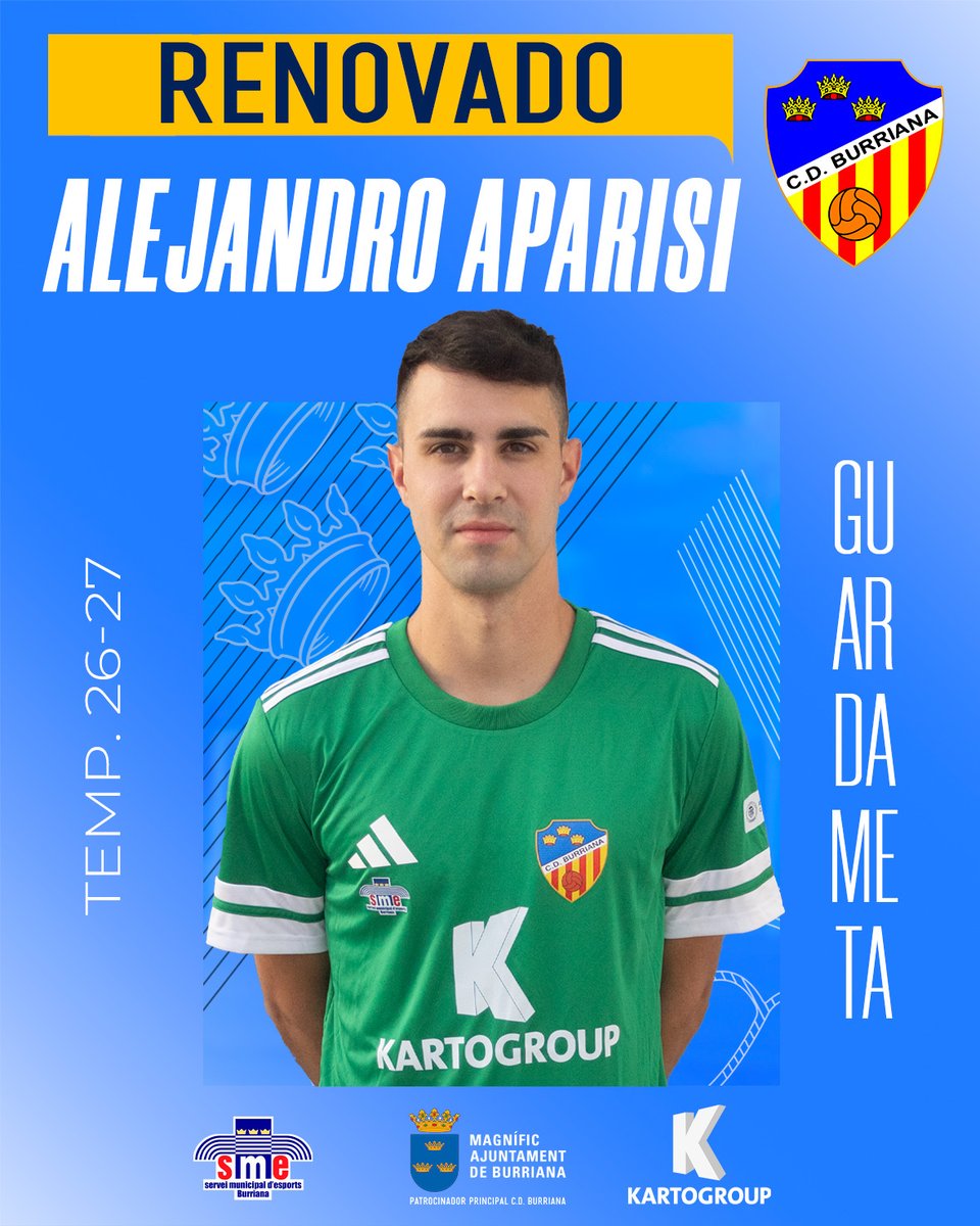 CDBurriana's tweet photo. 𝗥𝗘𝗡𝗢𝗩𝗔𝗖𝗜𝗢́𝗡. 🔁💙

🧤Aparisi seguirá parando en casa. El guardameta burrianense vestirá la azulona por quinta temporada, tercera consecutiva. 

Reflejos felinos y experiencia para seguir asegurando la portería del antiguo San Fernando. 🥅

#VamosBurriana https://t.co/sYDh6YppHX