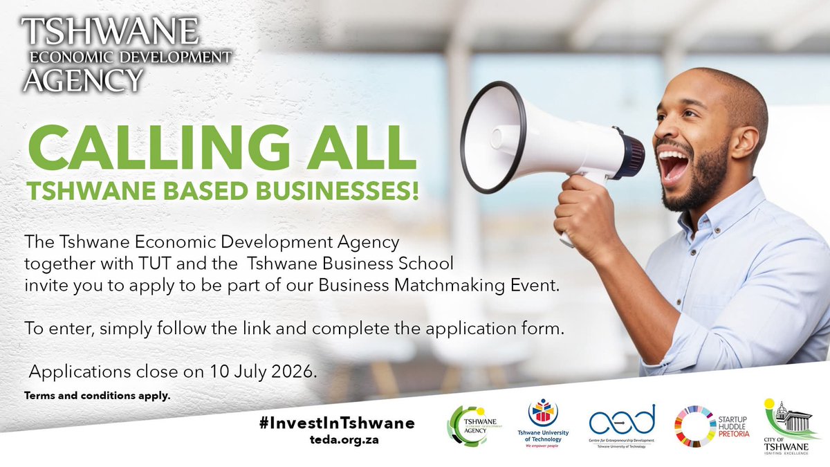 nasiphim's tweet photo. Applications are still open for the Business-to-Business (B2B) Matchmaking Session hosted by the Tshwane Economic Development Agency (TEDA), in collaboration with the Tshwane University of Technology (TUT). 

This platform is designed to assist businesses in expanding their market reach and networking with key industry leaders.

Click on the follow link to apply: https://t.co/ggaW07Gr8N 

#MadeInTshwane
#TEDABusinessConnect
#RevitalisingTshwane