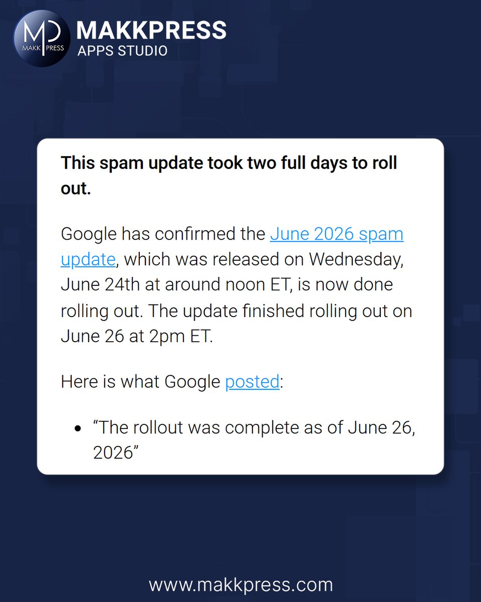 MakkpressTech's tweet photo. Google's June 2026 Spam Update Is Complete
The rollout is over. Review your rankings, monitor Search Console, and focus on long-term SEO practices that align with Google's quality guidelines.
#SEO #GoogleUpdate #GoogleSpamUpdate #TechnicalSEO #SearchConsole #GoogleSearch https://t.co/BGh1hNtTtJ