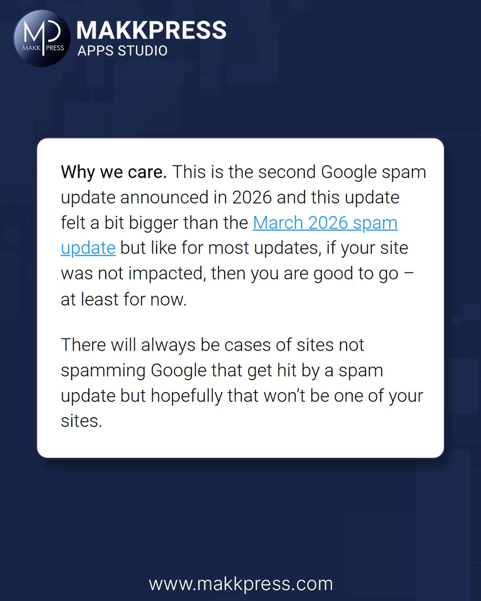 MakkpressTech's tweet photo. Google's June 2026 Spam Update Is Complete
The rollout is over. Review your rankings, monitor Search Console, and focus on long-term SEO practices that align with Google's quality guidelines.
#SEO #GoogleUpdate #GoogleSpamUpdate #TechnicalSEO #SearchConsole #GoogleSearch https://t.co/BGh1hNtTtJ