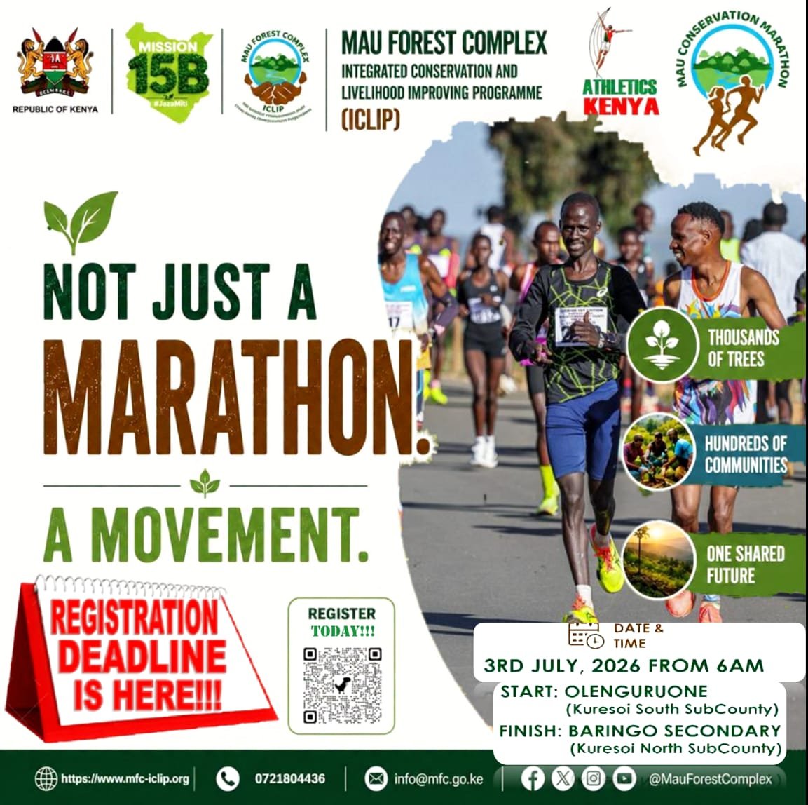 mukua_karimi's tweet photo. Have you registered for the MAU CONSERVATION MARATHON? REGISTRATION DEADLINE is TODAY, register now and avoid being left out! @Environment_Ke
#LindaMauBoreshaMaisha #MauConservationMarathon #RunForConservation #RunForMau https://t.co/1dXIiILchf