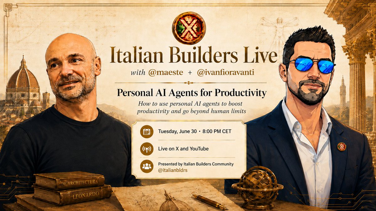 dom_gag_96's tweet photo. 🚀 We’re going live with @maeste and @ivanfioravanti to explore how personal AI agents can boost productivity and push beyond human limits.  

Tomorrow, June 30, 8 pm CET.

Live on X + YouTube  

Hosted by @italianbldrs

See u tomorrow! https://t.co/IX626D6T7Q