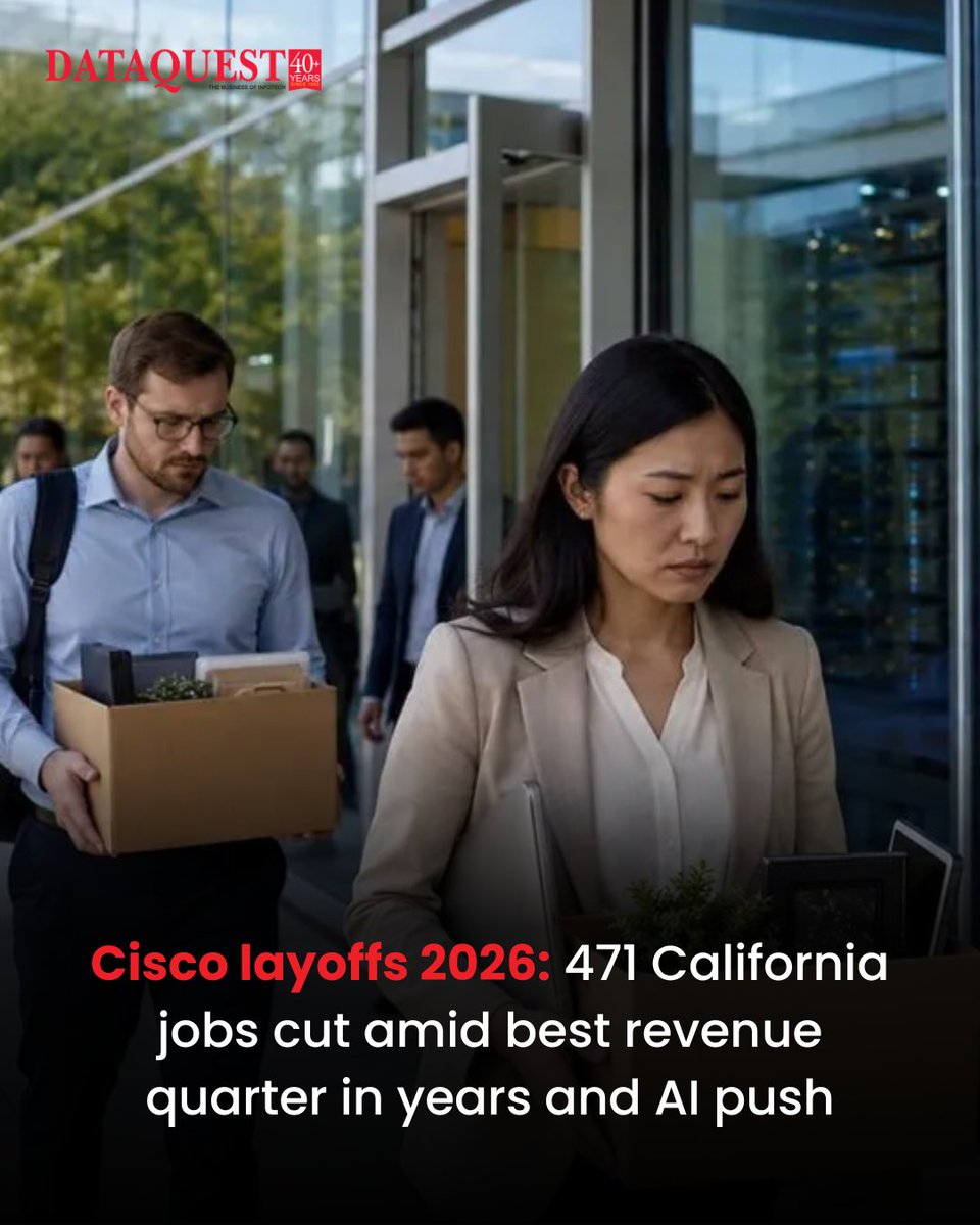 dataquestindia's tweet photo. Cisco Layoffs Amid AI Restructuring

Cisco is cutting 471 California jobs as part of a global AI-focused restructuring despite reporting its best revenue quarter in years.

By Preeti: https://t.co/UwLq46hAmi

#PCQuest #Cisco #AI #TechNews #Restructuring #Workforce @cisco_in https://t.co/3y934cYUsm
