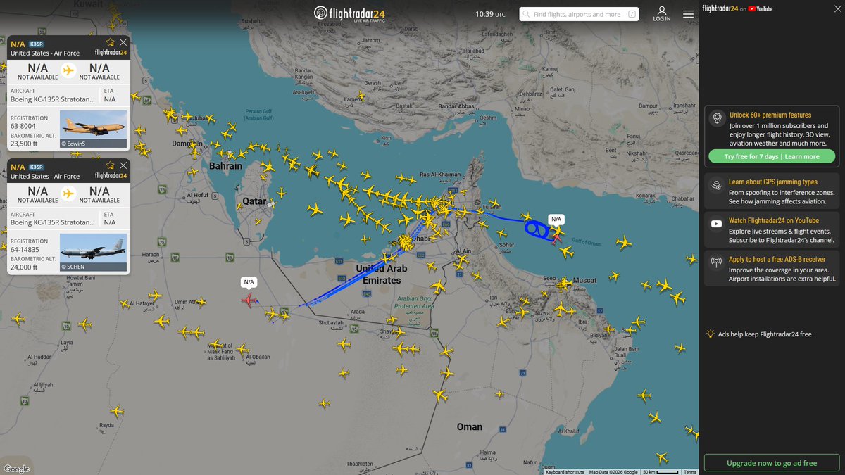 AIYeyENGDdJkjTr's tweet photo. June 29, 2026
#Ben Gurion ==> 
#NoCALLSIGN #AE07BE USAF KC-135R Stratotanker 

#Prince Sultan Air Base ==> #Musandam Peninsula 
#NoCALLSIGN #AE023E USAF KC-135R Stratotanker 
#NoCALLSIGN #AE5FAD USAF KC-46A Pegasus

#Prince Sultan Air Base ==> #Gulf of Oman
#NoCALLSIGN #AE0693 USAF KC-135R Stratotanker