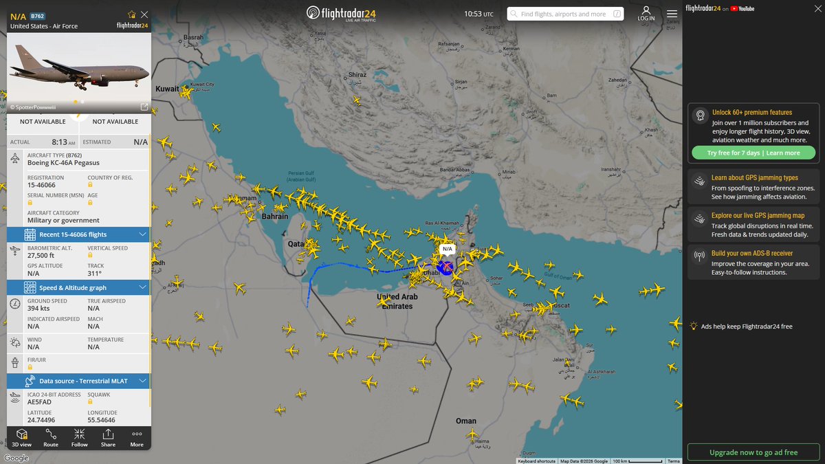 AIYeyENGDdJkjTr's tweet photo. June 29, 2026
#Ben Gurion ==> 
#NoCALLSIGN #AE07BE USAF KC-135R Stratotanker 

#Prince Sultan Air Base ==> #Musandam Peninsula 
#NoCALLSIGN #AE023E USAF KC-135R Stratotanker 
#NoCALLSIGN #AE5FAD USAF KC-46A Pegasus

#Prince Sultan Air Base ==> #Gulf of Oman
#NoCALLSIGN #AE0693 USAF KC-135R Stratotanker