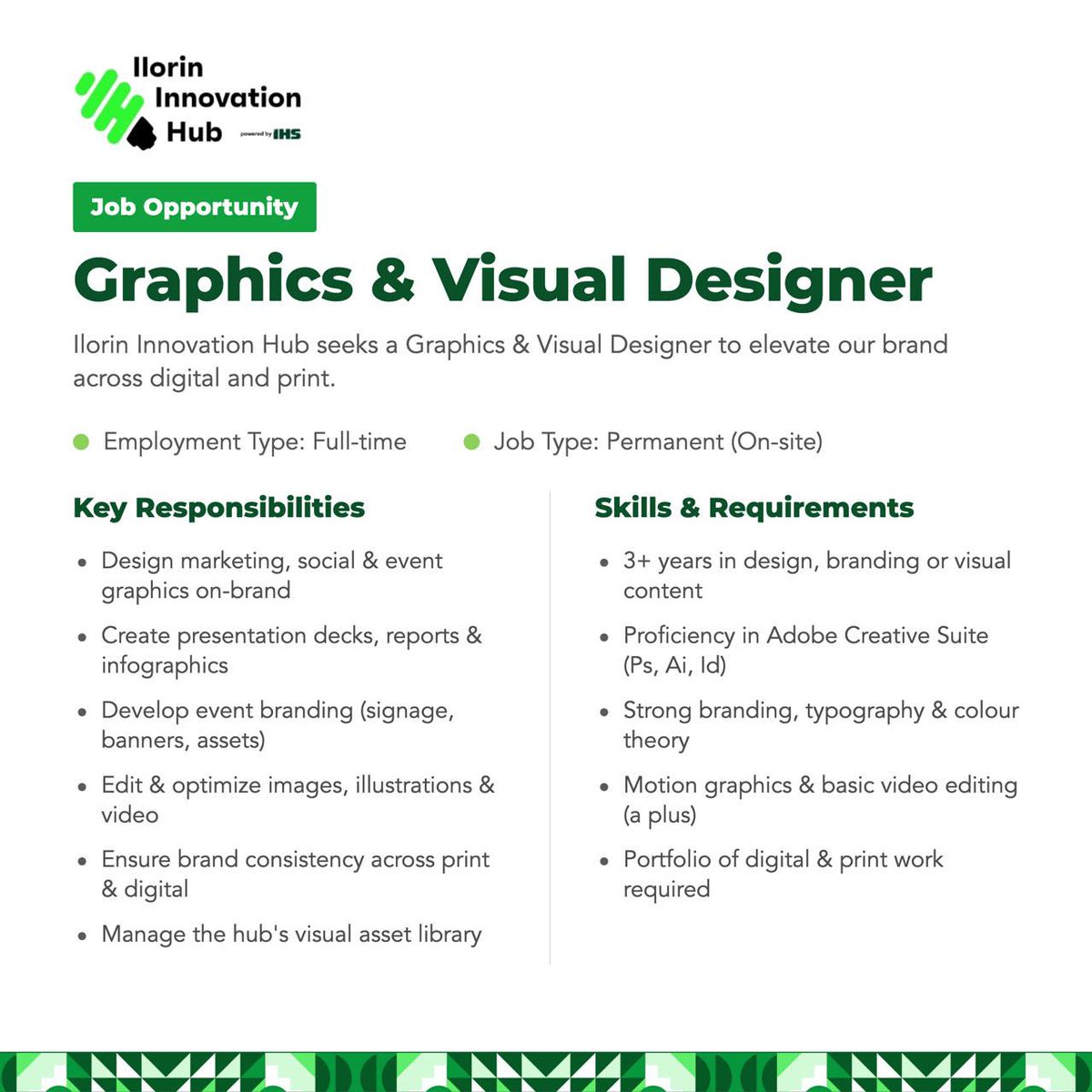 IlorinHub's tweet photo. Are you a creative designer with 3+ years of experience in graphic design, branding, or visual content creation? Ilorin Innovation Hub is looking for a talented Graphics & Visual Designer to join our team.

If you’re skilled in Adobe Creative Suite (Photoshop, Illustrator, and InDesign), have a great eye for design, and a portfolio that showcases your creativity, we’d love to hear from you. Experience in motion graphics and basic video editing is an added advantage.

📍 Location: Ilorin (On-site)
💼 Employment Type: Full-time, Permanent

Apply now: https://t.co/au6pPnKf6Y

#Hiring #GraphicDesignJobs #KwaraJobs #DesignCareers