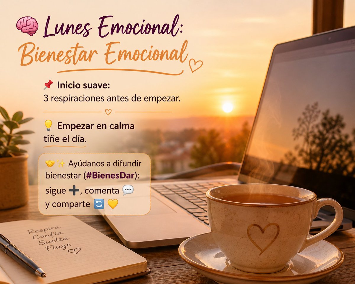 BienesDar's tweet photo. 🧠 Lunes Emocional: Bienestar Emocional
 📌 Inicio suave: 3 respiraciones antes de empezar.
 💡 Empezar en calma tiñe el día.
 🤝✨ Ayúdanos a difundir bienestar (#BienesDar): sigue ➕, comenta 💬 y comparte 🔁 💛 https://t.co/5zuFaSozB2