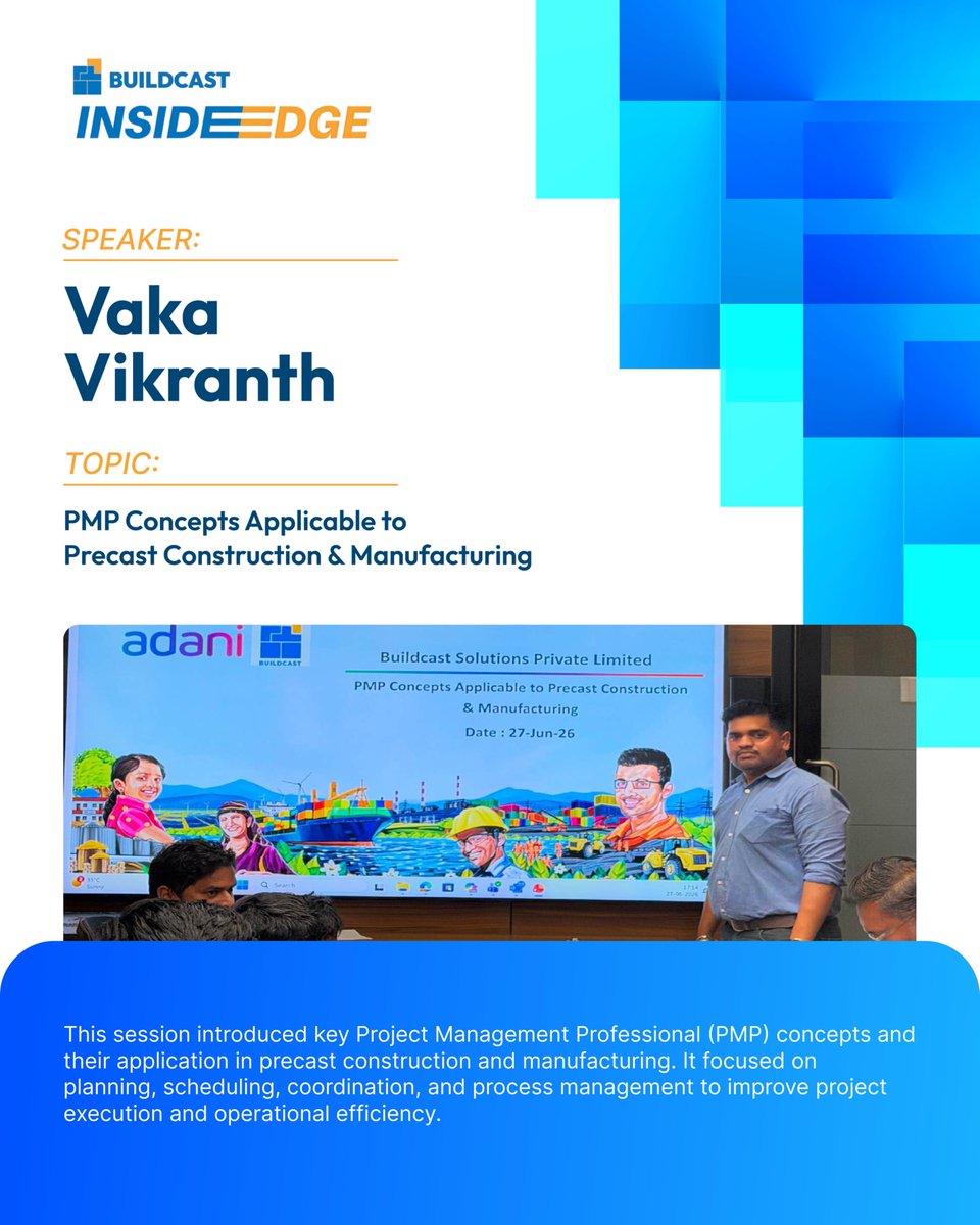 BuildcastLtd's tweet photo. Inside Edge | Session 24
Bikram Prasad explored process discipline in concrete compaction, while Vaka Vikranth shared how PMP concepts can strengthen precast manufacturing and project timelines.

#Buildcast #InsideEdge #PrecastEngineering https://t.co/Xka0608tqy