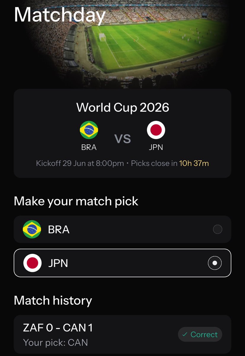Abrlien's tweet photo. Brazil vs Japan 🇧🇷⚽️🇯🇵

Japan always plays with discipline and heart 

Against Brazil, nothing is easy… but football loves surprises.

I picked Japan on @KASTxyz ⚽️🏆 https://t.co/cz5gaNx2nz
