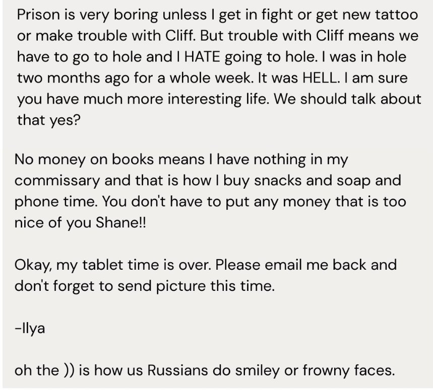 kayhasthoughts's tweet photo. this made me violently sob wdym ilya is in prison and he hates going to the hole and he has no money in his commissary i want to hurt somebody😭 https://t.co/oz0GR700wv