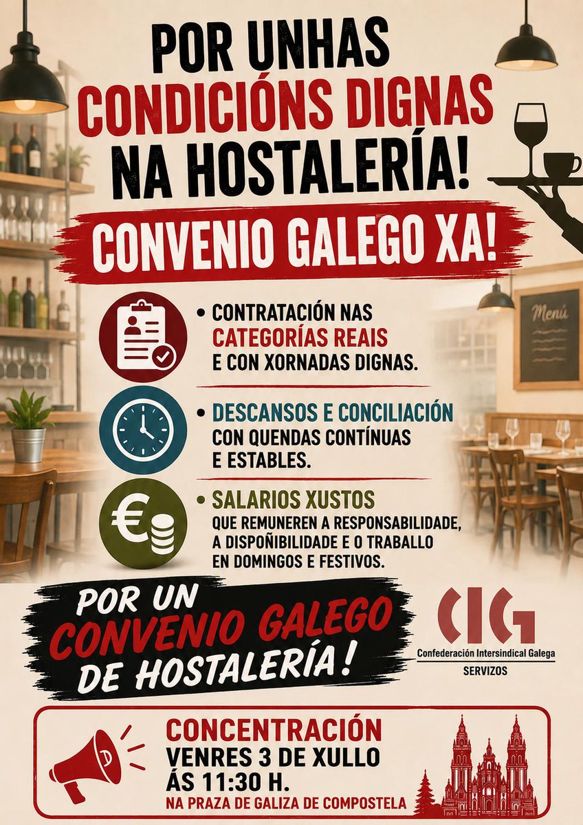 galizaCIG's tweet photo. 📌A CIG inicia unha campaña contra a precariedade no sector da hostalaría

👉Incluirá mobilizacións nas catro provincias, a primeira delas este venres 3 de xullo na praza de Galiza en Santiago de Compostela ás 11:30 horas

ℹ️ https://t.co/NMiTXO3s08

#hostalaría #precariedade https://t.co/BOTdYgQQZr