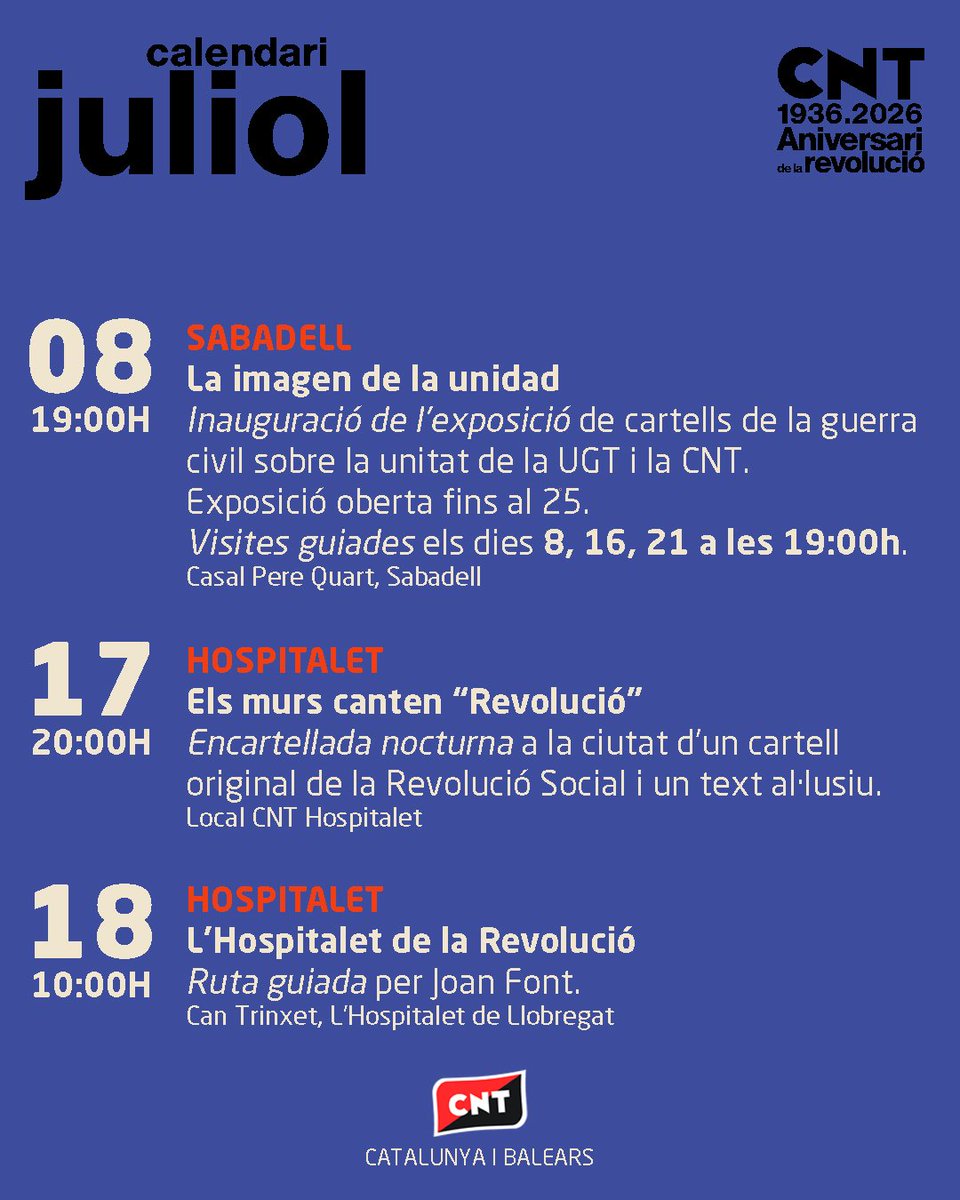 CNTCatalunya's tweet photo. Aquest any commemorem el 90è aniversari de la revolució social.

A la CNT no contemplem la memòria històrica com una peça de museu, sinó com una eina que ens permeti tornar a crear les condicions revolucionàries i, aquest cop sí, guanyar.

Vine a l'acte del 19 de juliol! https://t.co/Y5OpzcNXfe