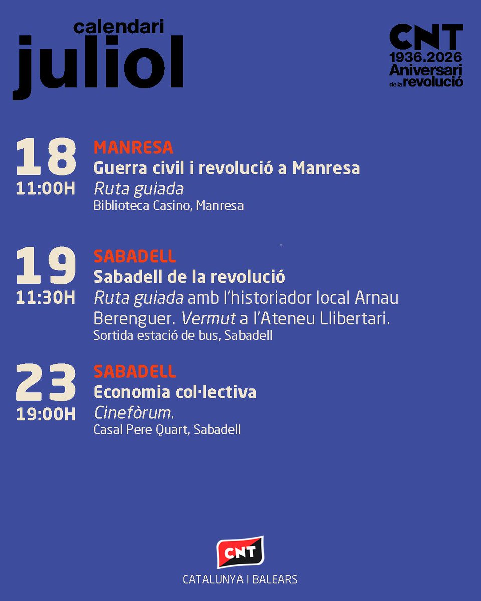 CNTCatalunya's tweet photo. Aquest any commemorem el 90è aniversari de la revolució social.

A la CNT no contemplem la memòria històrica com una peça de museu, sinó com una eina que ens permeti tornar a crear les condicions revolucionàries i, aquest cop sí, guanyar.

Vine a l'acte del 19 de juliol! https://t.co/Y5OpzcNXfe