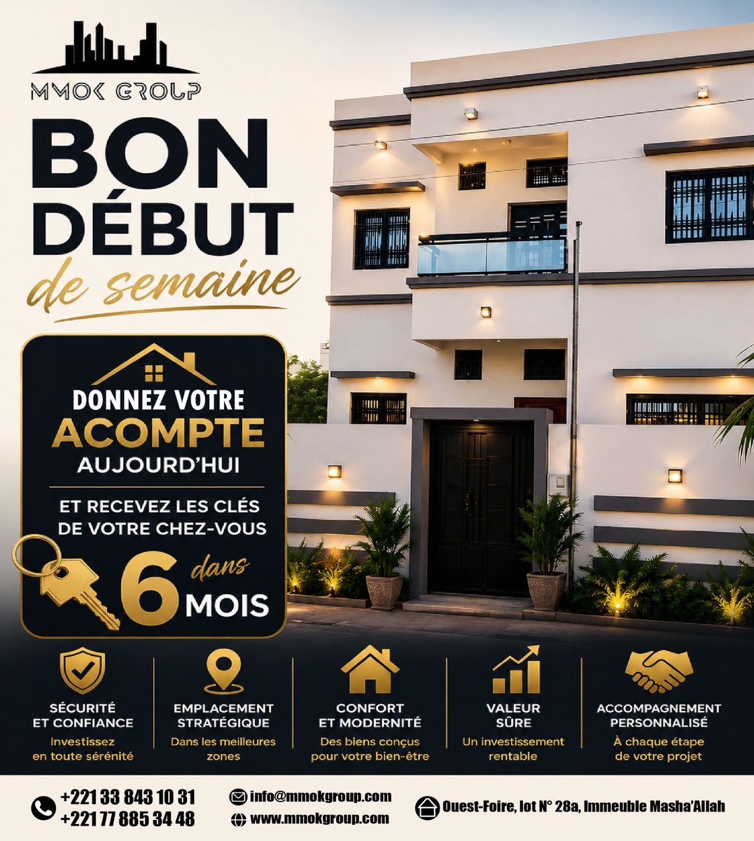 GroupMmok's tweet photo. 🏡 BON DÉBUT DE SEMAINE ! 🌟

📞 Contactez-nous dès maintenant pour découvrir nos offres et réserver votre villa.
N'attendez plus :
Appelez au : 77 885 34 48 / +221 33 843 10 31
E-mail : info@mmokgroup.com
Web : https://t.co/jFemz1fPCT https://t.co/wkyyofyFEC