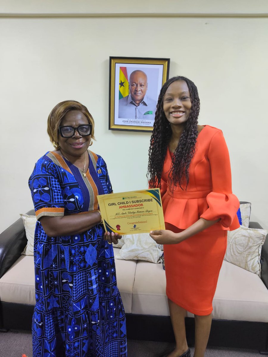 JAlegbemi's tweet photo. We are honoured to welcome H.E. Amb. Gladys M. Akyea, Acting High Commissioner of Ghana to Nigeria, as an Honorary Girl Child I Subscribe Ambassador.

Last Tuesday, we presented her Ambassador Certificate and officially decorated her with the "I Subscribe" Ambassador Tag. https://t.co/vU5Az8vlrE