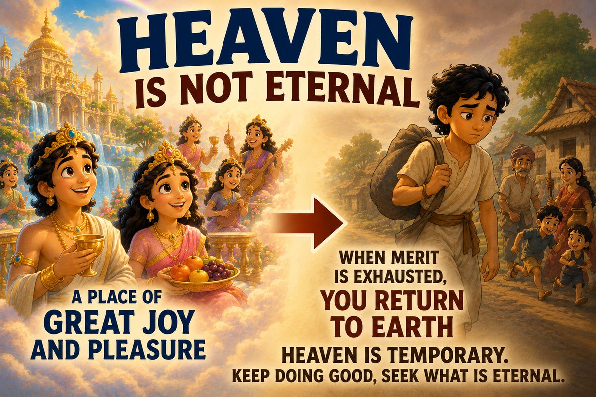 hari0710's tweet photo. Krishna says even heaven is not permanent.
Good deeds may take us to svarga, a place of joy. But when our merit is used up, we return to earthly life.
The Gita reminds us: don’t seek temporary pleasure alone. Seek freedom. https://t.co/Xrcrpq4Fq9