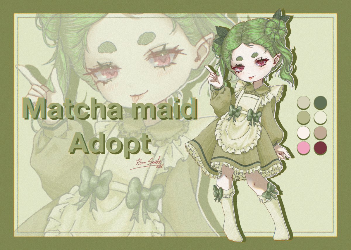 CaptainRumSnake's tweet photo. Matcha maid Auction! 

SB: 25$
Min: 5$
AB: 250$

- Payment via Boosty
- No rules for Adopt
- Auction ends after AB or 24 hours after the last bid

#adoptable #auction #adopt #adoptables #characterdesign #Vtuber https://t.co/w7s1uBh63h