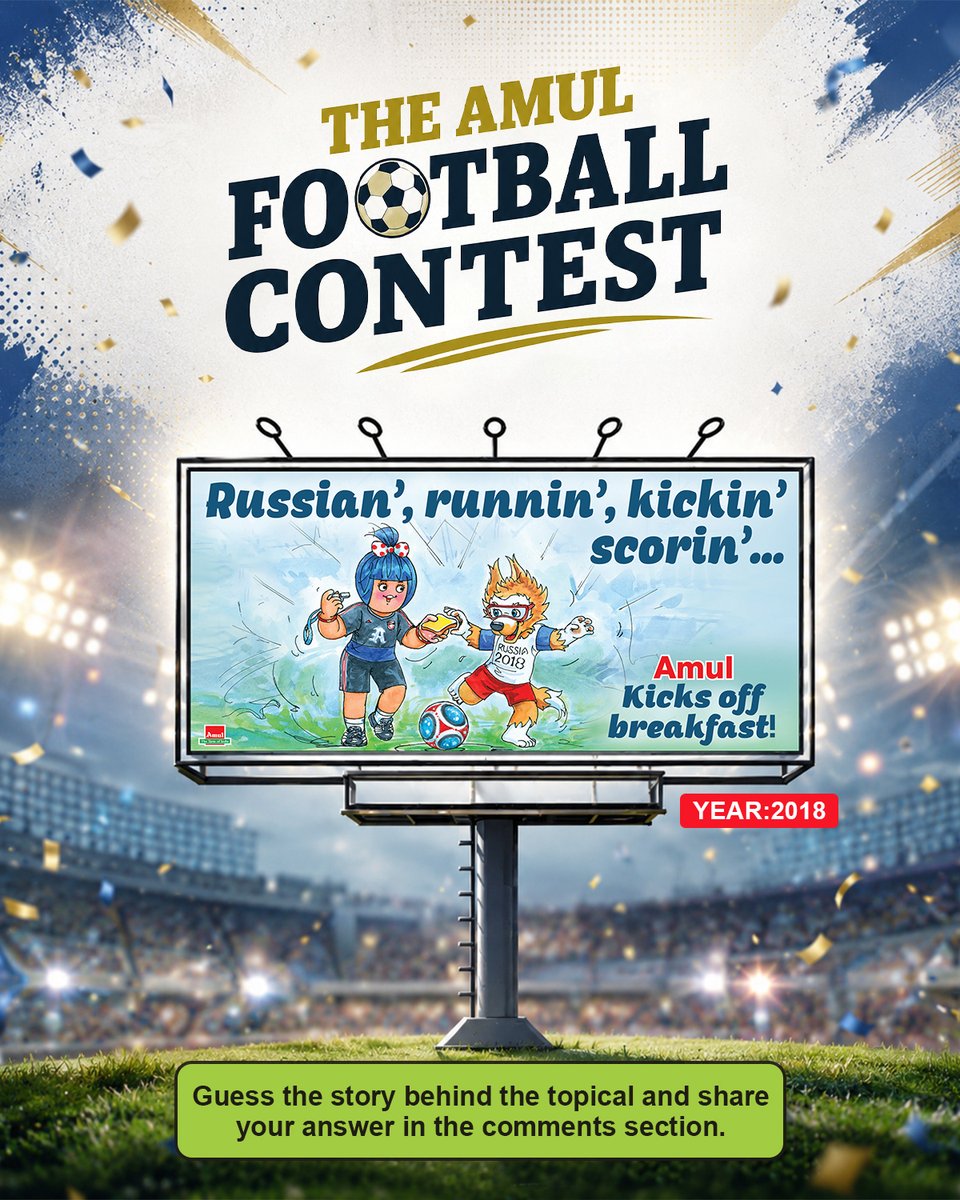Amul_Coop's tweet photo. Friends, the epic Football World Cup is on!

As you know, Amul Topicals have captured football's most iconic moments over the years and now, it's your chance to win Amul Topical souvenirs! Isn’t it exciting?

All you need to do is guess the football moment behind this topical and share your answer in the comments section. Get it right, and you could be one of our winners!

Contest Rules:
1. Submit your answer in the comments section by 12:00 Noon the following day.
2. The Top 3 winners will be announced tomorrow and will receive Amul Topical souvenirs.
3. The Top 3 winners will be decided if their answer is closest to the correct theme and among the fastest to respond.
4. In addition, the correct answer should also receives the maximum number of likes.
5. This contest is designed to celebrate genuine creativity and community engagement. By entering, all participants agree to maintain the spirit of fair play.6. Organic Engagement Only: All likes, shares, comments, views, and votes (collectively, "Engagement") must be generated solely by genuine, unique, and verifiable social media users.
7. Prohibited Practices: Participants are strictly prohibited from using any artificial, unfair, or fraudulent means to increase their engagement metrics. Creating multiple fake accounts or bots to vote or interact with their own entry.
8. If any entry is found, or reasonably suspected, to be receiving bot likes or artificial engagement, the entry will be disqualified immediately without prior notice.
9. If a participant is found to have violated these terms after being announced as a winner, they will forfeit the prize, and an alternative winner will be selected.
10. All decisions made by the GCMMF (Amul) regarding eligibility, engagement validity, and disqualification are final, binding, and non-appealable. GCMMF (Amul) is under no obligation to provide detailed technical analytics or proof to a disqualified participant regarding how the fraudulent activity was detected.

Good luck, and may the best football fans win!