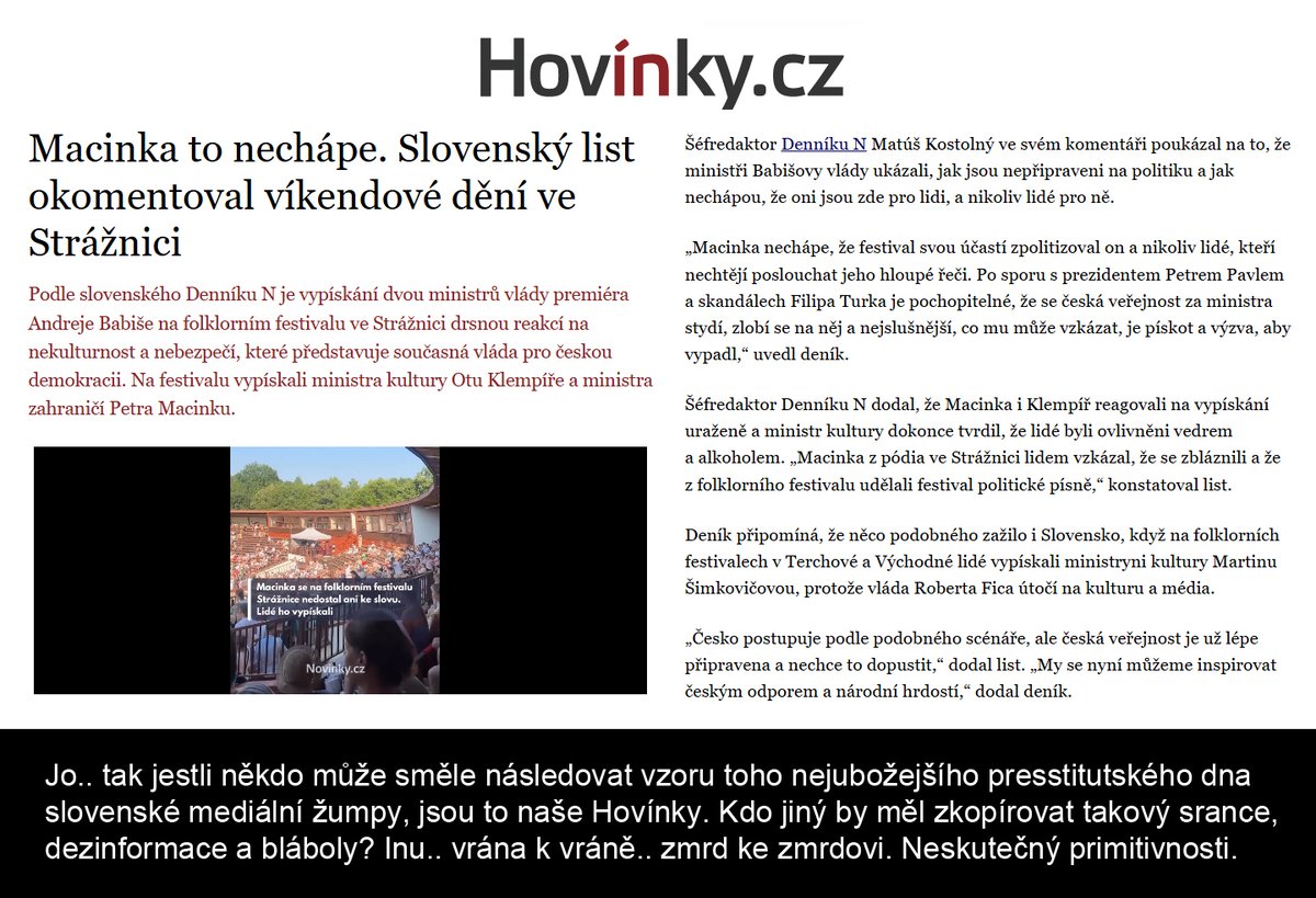HerrHomolka's tweet photo. Prej Denník N.. 😃😃 Jsem se u čtení málem pogrcal 😃 Ale jako to přirovnání strážnických pískačů a slovenské pseudokulturní žumpy sedí. Je to všechno stejný hnízdo ubožáků a lopat neschopných hodnotné tvorby a diskuse. https://t.co/2TFB736Jiv