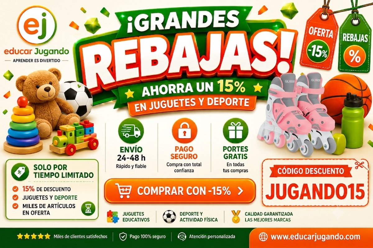 educarjugandoes's tweet photo. 🚨 ¡Rebajas en #EducarJugando! 🚨
Ahorra un 15% en juguetes educativos y artículos deportivos para los más pequeños. 🎁⚽🛼
🎟️ Código: JUGANDO15
🚚 Envío 24-48 h
🎁 Portes gratis
🌐 https://t.co/6Vkq3cJWQP
⏳ ¡Promoción por tiempo limitado!
#JuguetesEducativos #Patines #Globber https://t.co/kpnyaKEliV