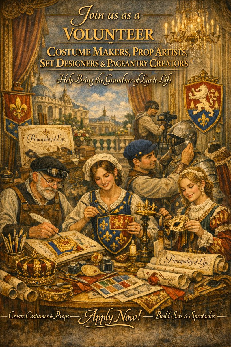 LysGov's tweet photo. #PrincipalityOfLys #Lys #Micronation #Microstate #CentralEurope #NationBuilding #JoinOurCommunity #Volunteer #VolunteersWanted #LysVolunteers #VolunteerWithUs #BuildANation #CivicPride #Chivalry #FrenchRenaissance #CostumeMakers #PropArtists #SetDesigners #PageantryCreators https://t.co/ti8RnCkpYt