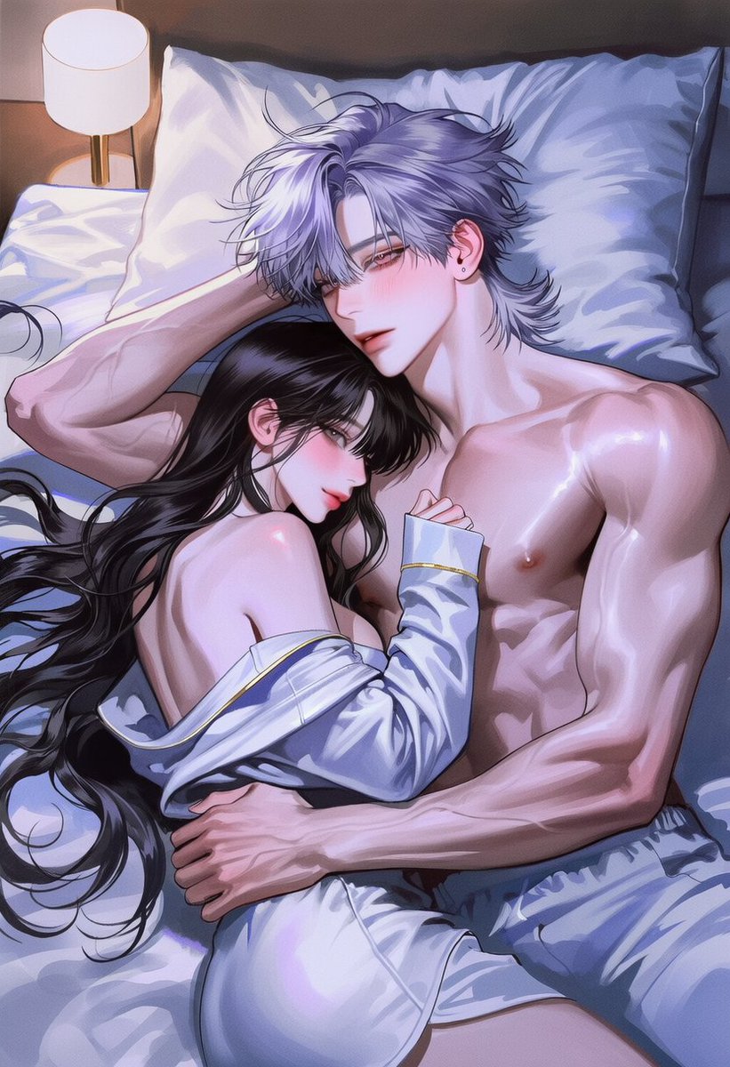 JollyPong_'s tweet photo. 같이 자자 프롬 공유🛏️😴

공용:
2people, couple,  2::lying on a bed together::, 2::close embrace::, 1.8::face-to-face::, 1.8::foreheads touching::, 2::eyes closed::,  modern bedroom, soft bedding, messy bed sheets, fluffy pillows, warm bedside lamp, cozy bedroom interior, dim ambient lighting,  1.5::top-down view::, 

 A(안는쪽) :  1.5::lying on their back::, 1.5::shirtless::, 1.3::bare shoulders::, 1.2::defined collarbones::,  2::one arm wrapped around B's head::, 1.5::holding B close::,  B 

(안기는쪽):  1.5::lying on their side::, oversized long-sleeve pajama shirt, loose sleepwear,  2::nestling against A::, 2::arm wrapped around A's waist::, 1.5::holding A's hand::,  cozy atmosphere, peaceful mood, soft lighting,  masterpiece, highly detailed