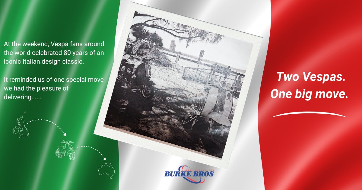BurkeBrosMoving's tweet photo. This weekend marked 80 years of Vespa, an icon of Italian design. 🇮🇹🛵

It reminded us of a memorable move, transporting two cherished Vespas alongside a family's household effects from the #UKtoAustralia.

Some moves carry more than possessions, they carry memories.

#Vespa80 https://t.co/rW9lreCUjP