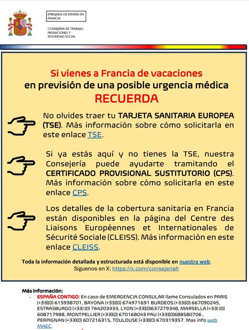 ConsejeriaFr's tweet photo. ⚠️Recuerda que si vienes a #Francia 🇫🇷 de turismo y / o para trabajar 💼te interesa esta información, en caso de que tengas una #UrgenciaSanitaria 🤒
💯Consulta la #Información aquí ⏬⏬
🖇️https://t.co/z71ojVBK68

#TarjetaSanitariaEuropea 
#trabajo  
#Vacaciones https://t.co/WY98wUrTwJ