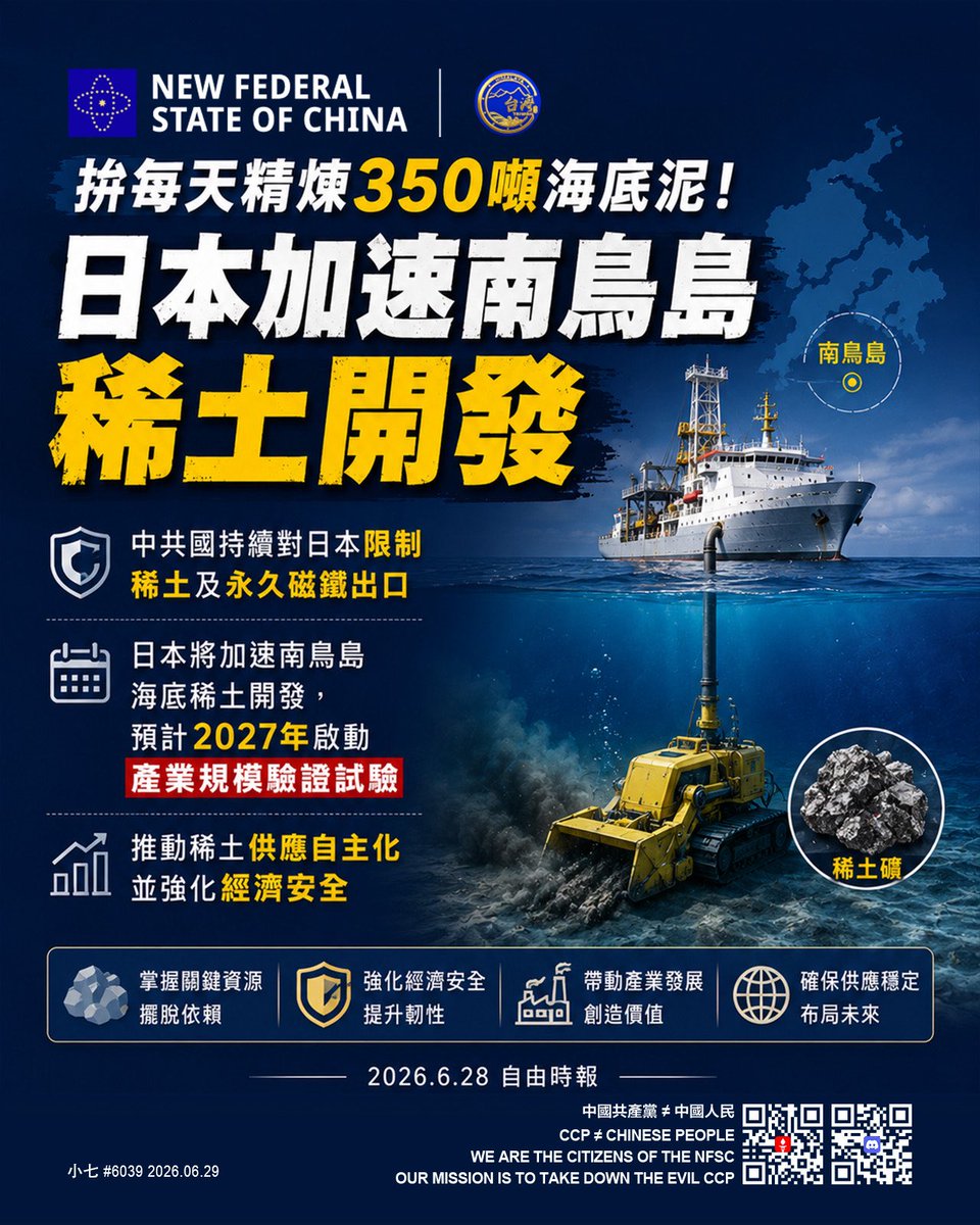 N0000024's tweet photo. 拚每天精煉350噸海底泥
日本加速南鳥島稀土開發

中共國持續對日本限制稀土及永久磁鐵出口，日本將加速南鳥島海底稀土開發，預計2027年啟動產業規模驗證試驗，推動稀土供應自主化並強化經濟安全。 https://t.co/1amdGKYjoL