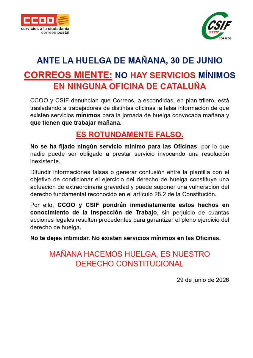 CCOOrreos_Bcn's tweet photo. @Correos subestimó el cabreo del colectivo de oficinas y no fijó servicios mínimos en su momento. Ahora, una vez más, pretende engañar y manipular a la plantilla con mentiras para sabotear el derecho a la huelga.
Actúan como auténtica Gestapo.
NO HAY SERVICIOS MINIMOS
A LA HUELGA https://t.co/rVLUiPUPsw