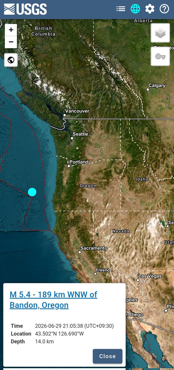 TemblorTempo's tweet photo. 🇺🇸 Earthquake Alert 🇺🇸

Preliminary Data from USGS

Magnitude 5.4 - Depth 14km

Off Coast of Oregon

Jun 29, 2026, at 11:35 am (Universal Time) https://t.co/DsDC0jUwvB https://t.co/ppscN1MHi1