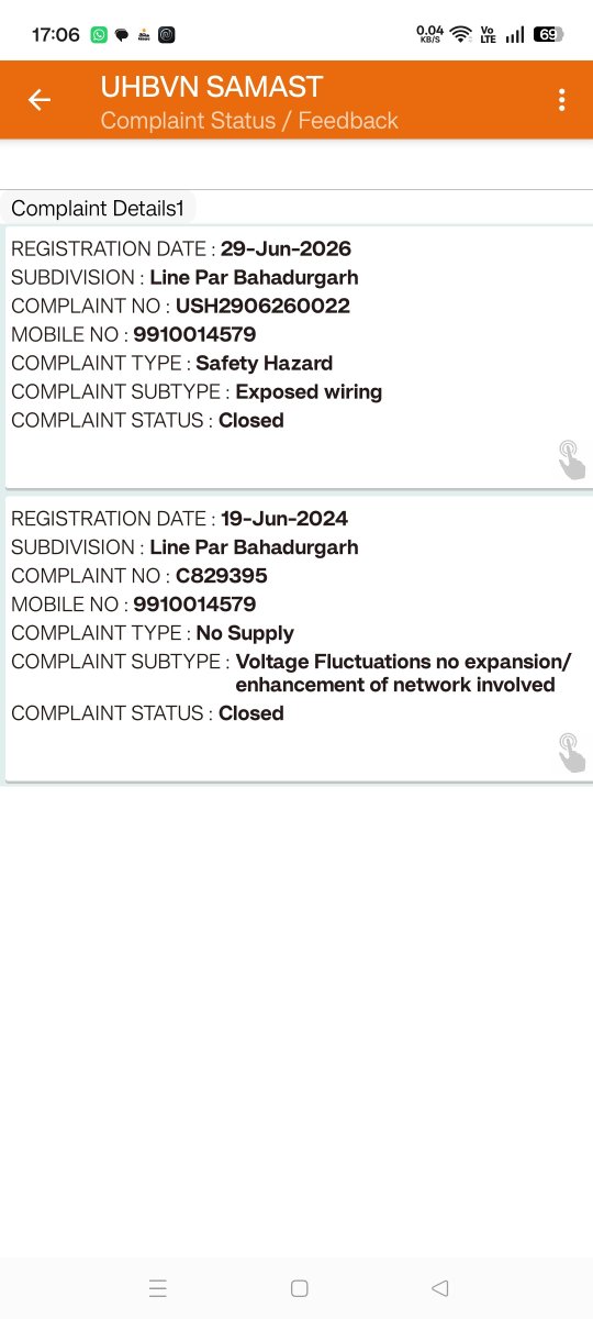 Deepak61794861's tweet photo. @uhbvnpkl
Complaint No.: USH2906260022
I reported a Safety Hazard (Exposed Wiring) at New Patel Park, Line Par, Bahadurgarh today. However, my complaint was closed without any inspection or repair.
The electricity wire is still hanging 
#UHBVN #Bahadurgarh #PublicSafety https://t.co/cWJXtFCAxO