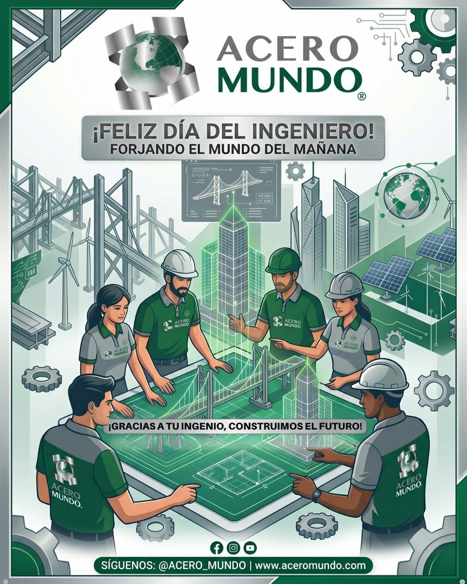 AceroMundoMx's tweet photo. ¡Feliz #DíadelIngeniero! 🏗️✨
Gracias por su ingenio, por construir el futuro y por mantener el compromiso con la calidad en cada proyecto.

¡Felicidades a todos los colegas que, como nosotros, suministran lo que las grandes obras de México necesitan! 🔩🇲🇽

#Aceromundo https://t.co/vXdOwroqIx