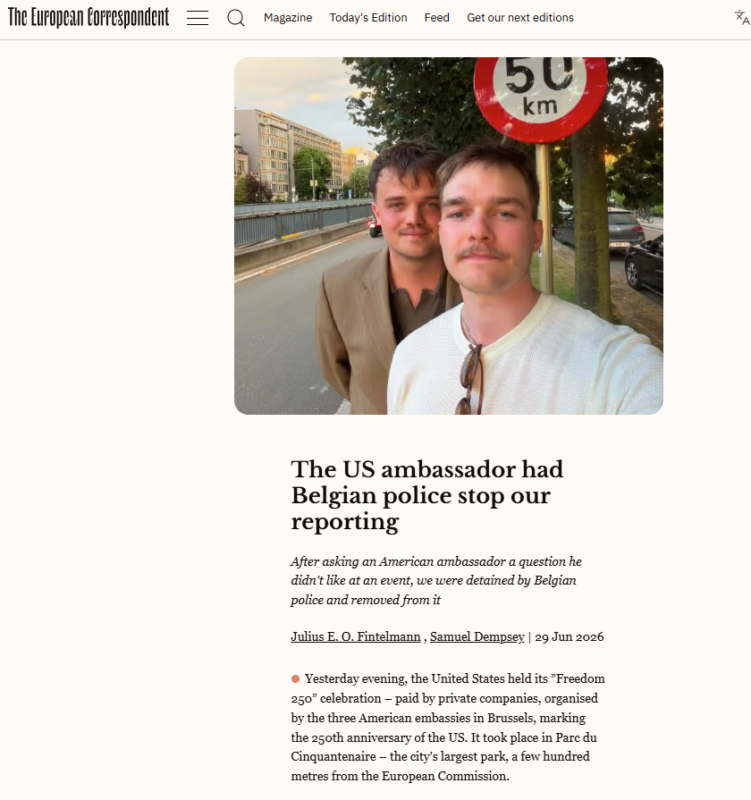 fbermingham's tweet photo. US ambassador Bill White had Belgian police remove 2 journalists after they approached him at a party in a public space commemorating 250 years of the US

What would be the reaction if this was China's envoy using Belgian police to eject reporters over an uncomfortable question? https://t.co/Ab3MPPiOll