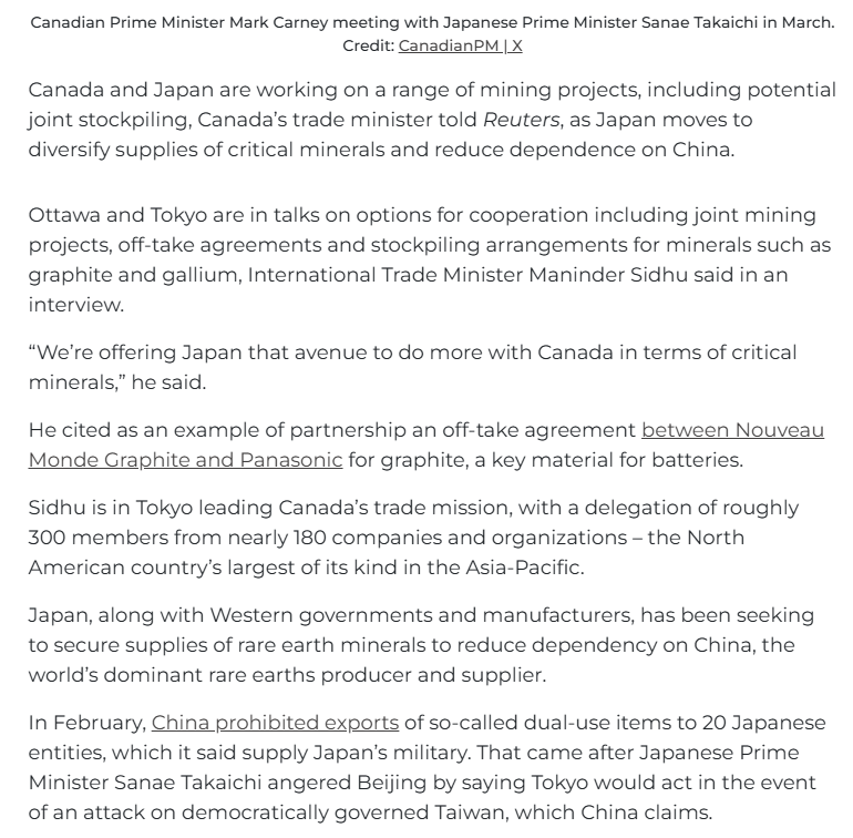 apljc92958416's tweet photo. THE CRITICAL-MINERALS MAP IS CHANGING FAST.

First the U.S. pushes Project Vault with a $10B EXIM loan and nearly $2B in private capital. Now Canada and Japan are discussing joint mining projects, offtake agreements and potential stockpiling for minerals like graphite and gallium.

This is how allied supply chains get built.

Japan wants alternatives to China. Canada wants to become the trusted mineral hub for allies. The U.S. wants secure inputs for manufacturers, defense systems, AI infrastructure and energy security.

That is the real signal for investors.

Stockpiles need feed. Offtake agreements need projects. Processing needs future supply.

This is why I keep watching Canadian critical-mineral and copper names.

$NRED / $NREDF fits the early pipeline side of the story.

The West is building mineral insurance before the next shortage hits.

For educational purposes only.

$AMD
$PCLA
$IBRX
$TEAM