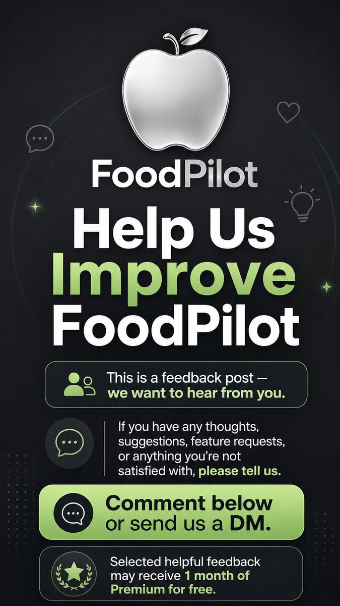 FoodPilot_'s tweet photo. We’re improving FoodPilot, and we’d love your feedback.
What would make food tracking easier for you?
Comment below or DM us your feedback.
Selected helpful suggestions may get 1 month of FoodPilot Premium for free.
#FoodPilot #CalorieTracker #HealthyEating #MealTracking https://t.co/bLHnMcaXSu