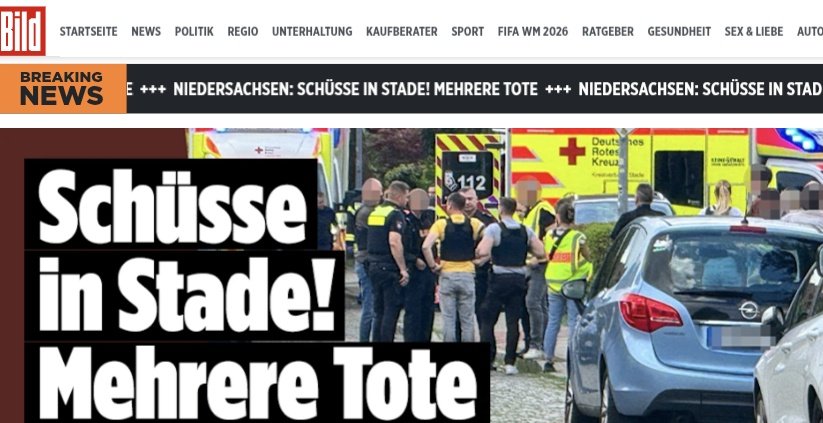 oida_grantler's tweet photo. Schüsse am helllichten Tag in Stade, Niedersachsen: BILD berichtet von mindestens fünf Toten. OMG. https://t.co/miOr1AiFwd