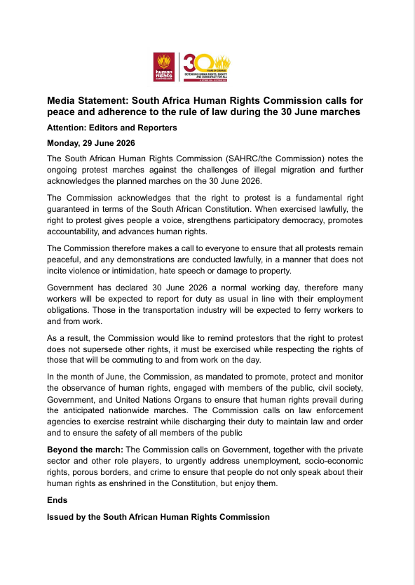 SAHRCommission's tweet photo. Media Statement: South Africa Human Rights Commission calls for peace and adherence to the rule of law during the 30 June marches https://t.co/wd6Kb1pYTW