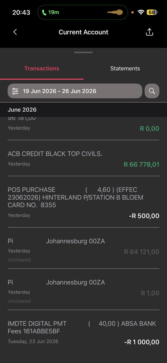MattMokone's tweet photo. On thursday night I got paid  R66 778,01.

20min later I was a victim of cyber  crime,R64 121.00 was deducted from my business account.I called @AbsaSouthAfrica fraud line immediately,I received a case number.The funds were still uncleared until yesterday it was cleared🙆🏾‍♂️🤷🏾‍♂️. https://t.co/fzlrmjyXa1