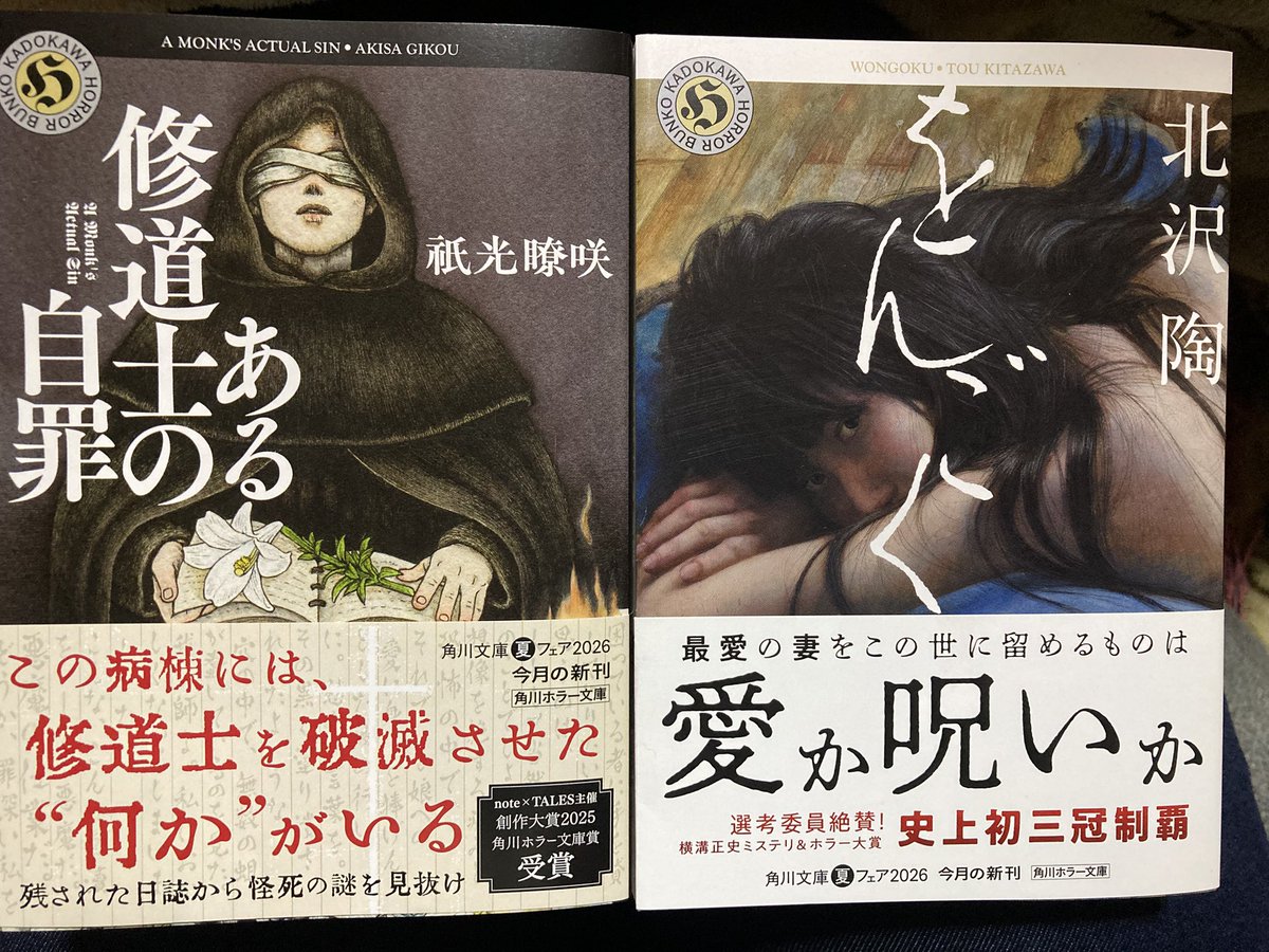 atoy0728's tweet photo. 買って載せてなかった(  ◜௰◝   )

藍上央理『胡乱な聖典の信じ方』
阿泉来堂『忌み児の町』
祇光瞭咲『ある修道士の自罪』
北沢陶『をんごく』
背筋『目が』
餅屋䖸『濁唾濔蓏』
2026年版このホラーがすごい！

敬称略 https://t.co/gGZc75OVav