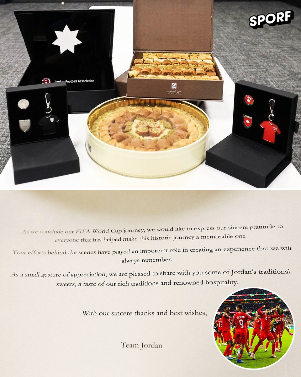 Sporf's tweet photo. Win, lose or draw... class is forever. 👏🇯🇴

Jordan left traditional sweets from their culture in the locker room after facing Argentina.

A small gesture that says so much. ❤️ https://t.co/i8zUkTOdPj